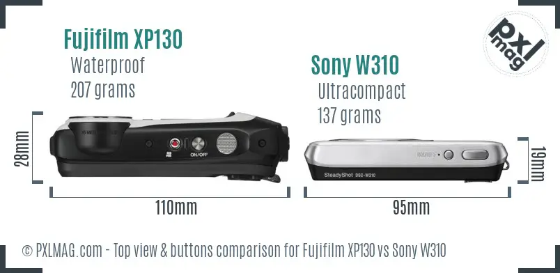 Fujifilm XP130 vs Sony W310 top view buttons comparison