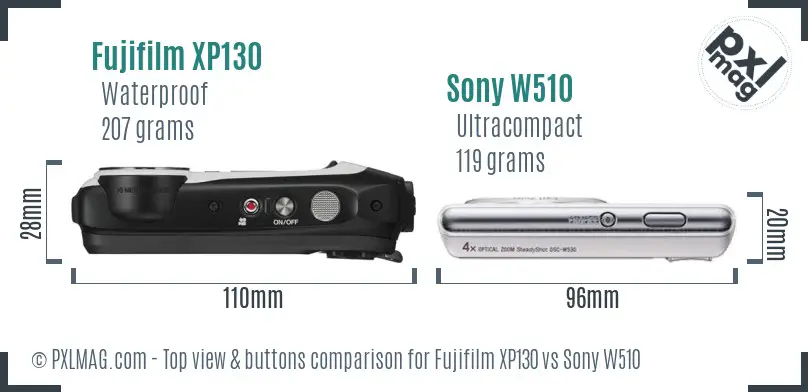 Fujifilm XP130 vs Sony W510 top view buttons comparison