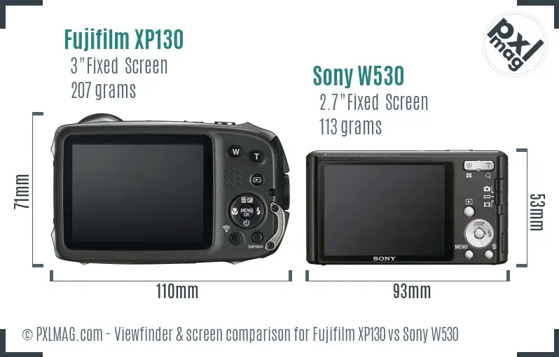 Fujifilm XP130 vs Sony W530 Screen and Viewfinder comparison