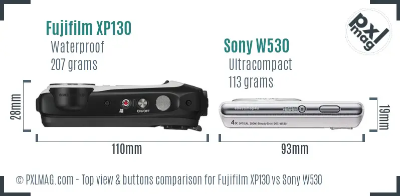 Fujifilm XP130 vs Sony W530 top view buttons comparison