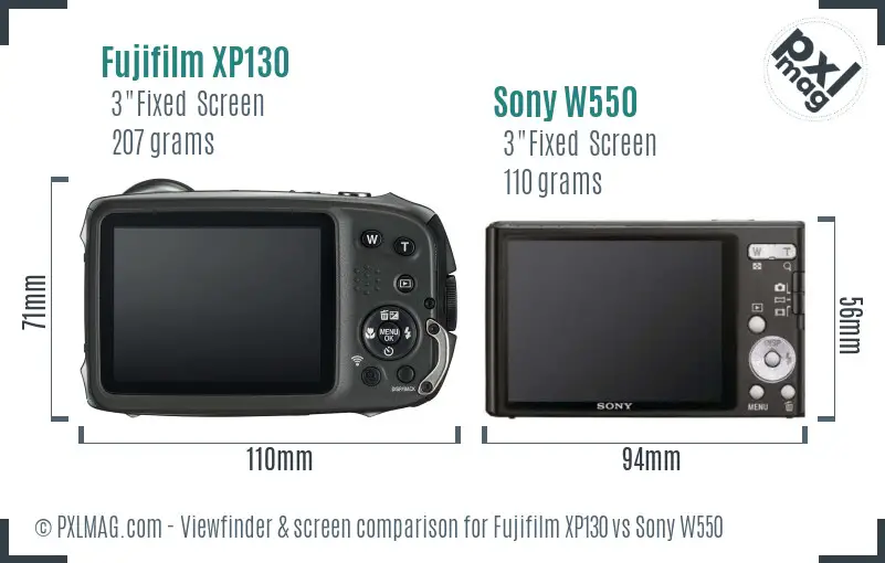 Fujifilm XP130 vs Sony W550 Screen and Viewfinder comparison