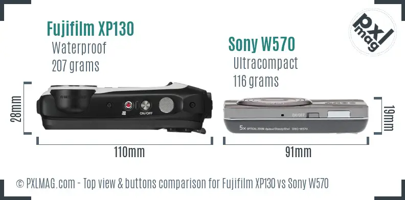 Fujifilm XP130 vs Sony W570 top view buttons comparison