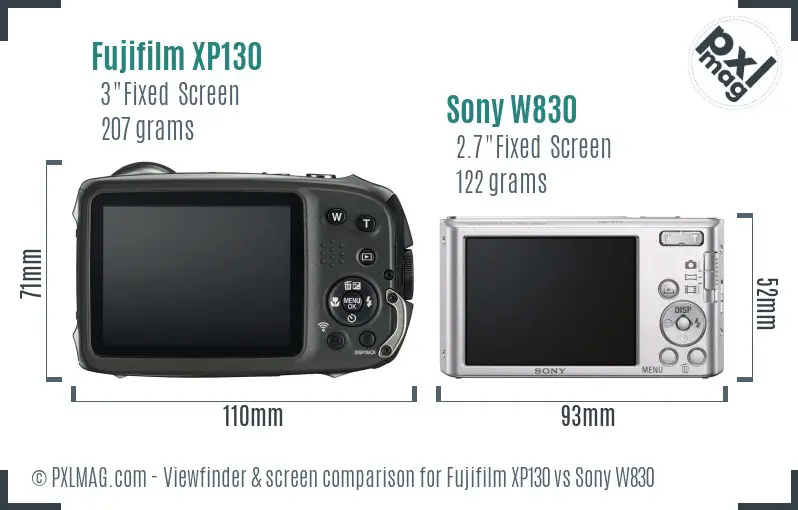 Fujifilm XP130 vs Sony W830 Screen and Viewfinder comparison