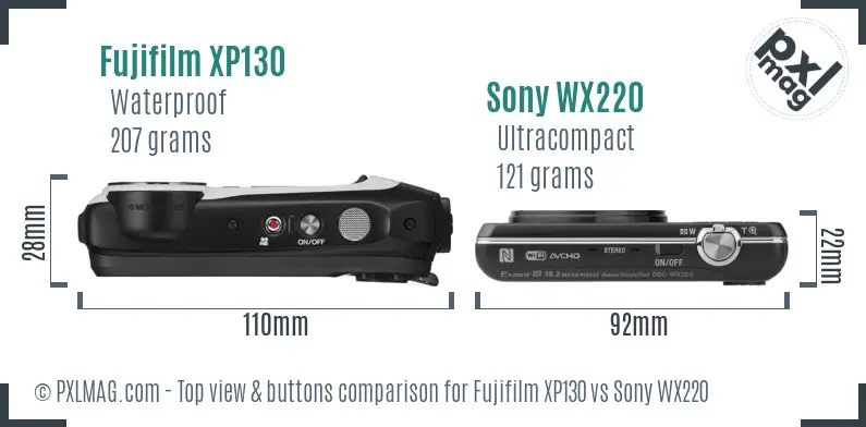 Fujifilm XP130 vs Sony WX220 top view buttons comparison