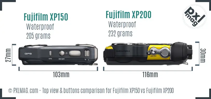 Fujifilm XP150 vs Fujifilm XP200 top view buttons comparison