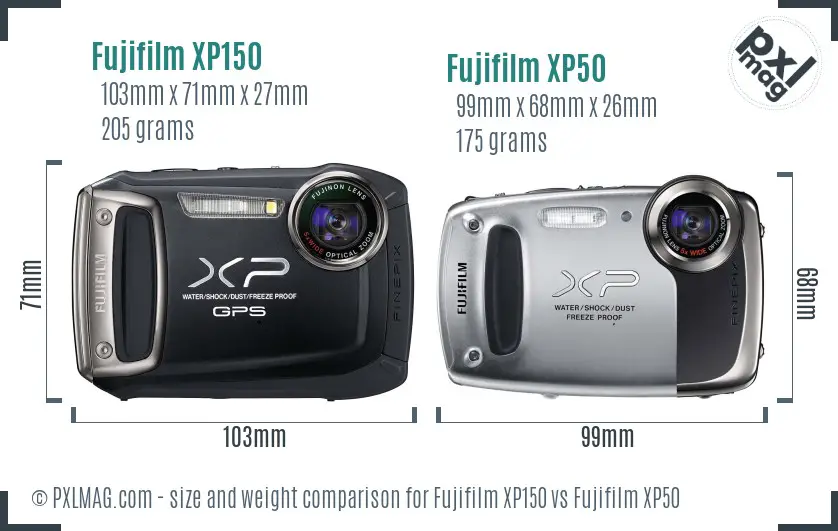 Fujifilm XP150 vs Fujifilm XP50 size comparison