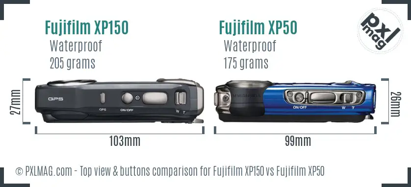 Fujifilm XP150 vs Fujifilm XP50 top view buttons comparison