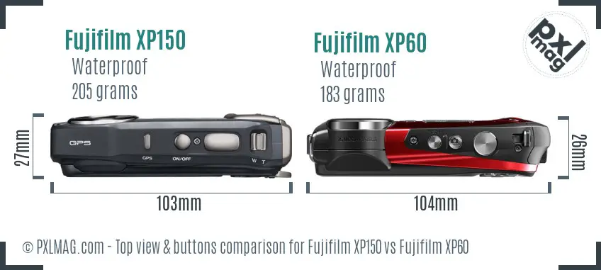 Fujifilm XP150 vs Fujifilm XP60 top view buttons comparison