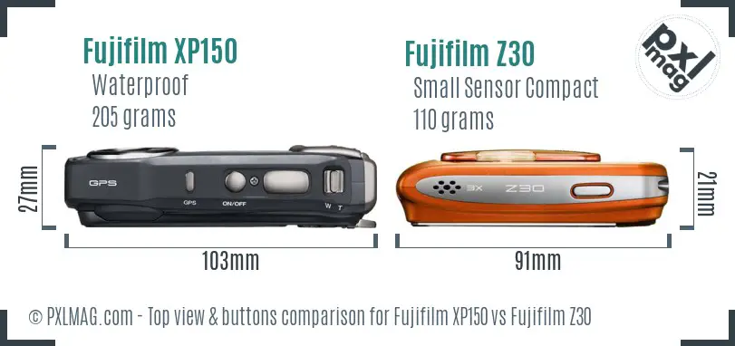 Fujifilm XP150 vs Fujifilm Z30 top view buttons comparison