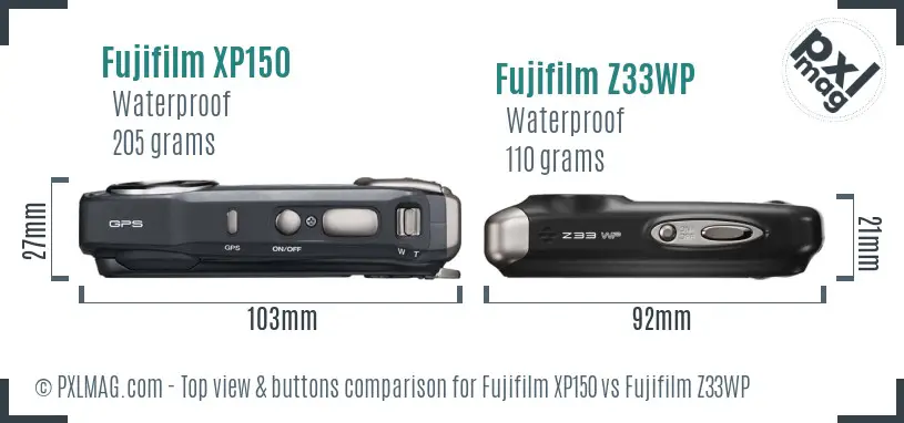Fujifilm XP150 vs Fujifilm Z33WP top view buttons comparison