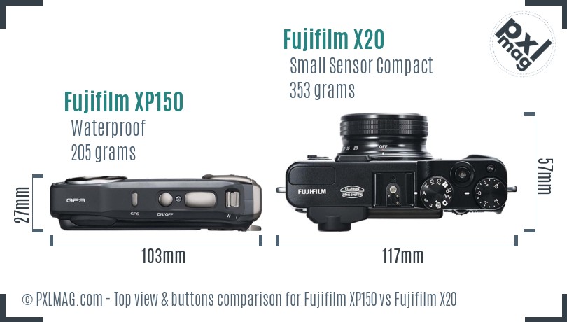 Fujifilm XP150 vs Fujifilm X20 top view buttons comparison