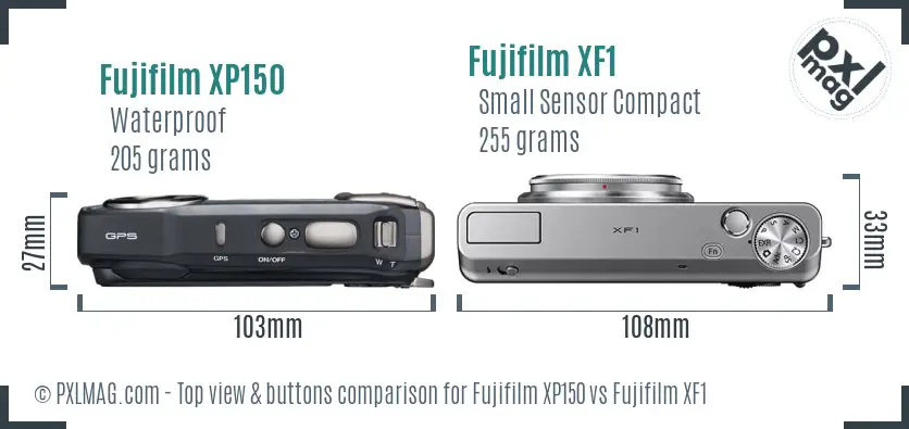 Fujifilm XP150 vs Fujifilm XF1 top view buttons comparison Fujifilm XP150 vs Fujifilm XF1 top view buttons comparison