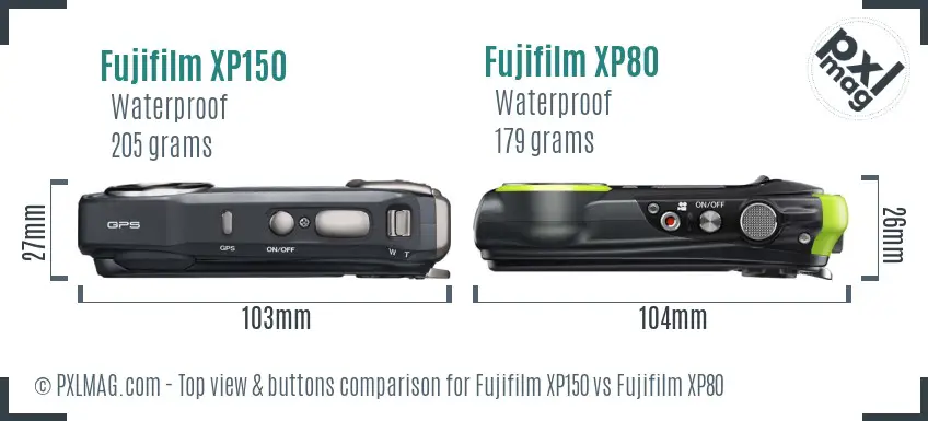 Fujifilm XP150 vs Fujifilm XP80 top view buttons comparison