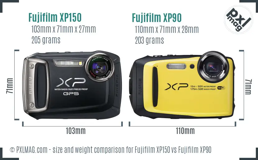 Fujifilm XP150 vs Fujifilm XP90 size comparison