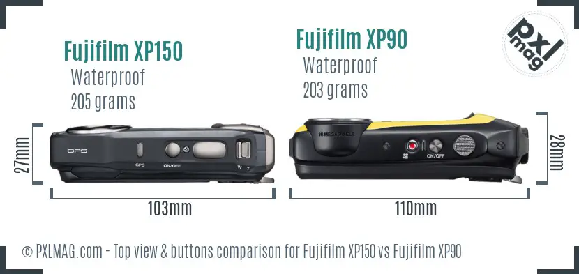 Fujifilm XP150 vs Fujifilm XP90 top view buttons comparison