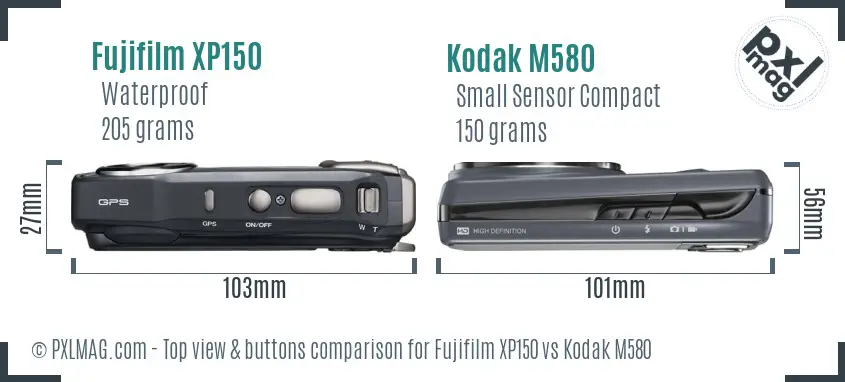 Fujifilm XP150 vs Kodak M580 top view buttons comparison