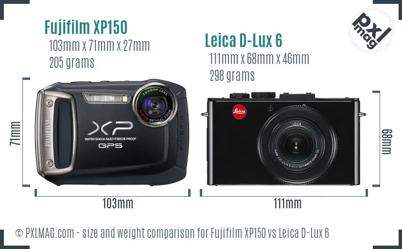 Fujifilm XP150 vs Leica D-Lux 6 size comparison