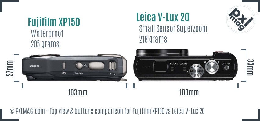Fujifilm XP150 vs Leica V-Lux 20 top view buttons comparison