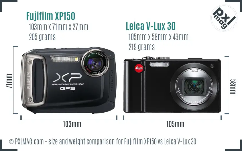 Fujifilm XP150 vs Leica V-Lux 30 size comparison