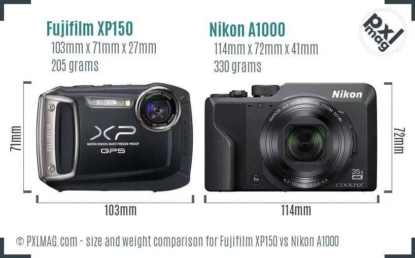 Fujifilm XP150 vs Nikon A1000 size comparison