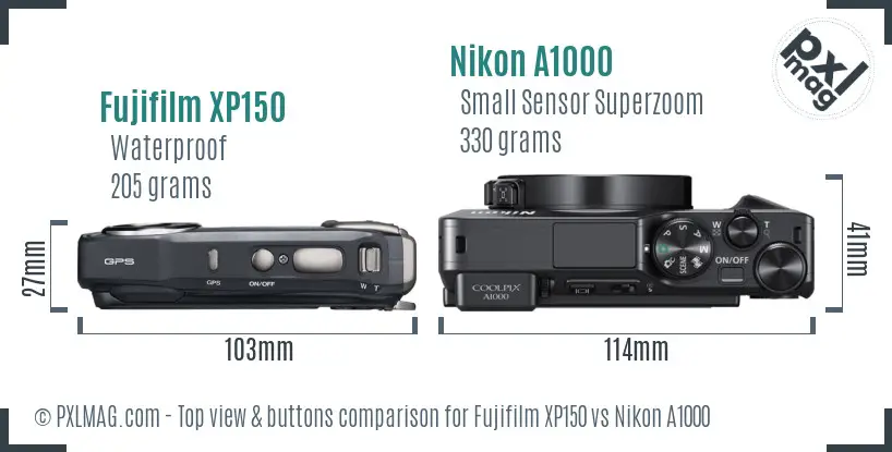 Fujifilm XP150 vs Nikon A1000 top view buttons comparison