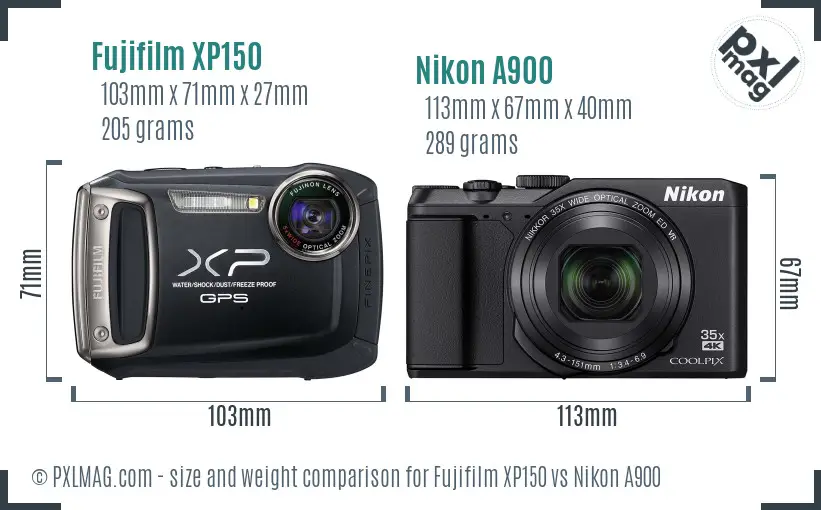 Size and ergonomic comparison between Fujifilm XP150 and Nikon Coolpix A900