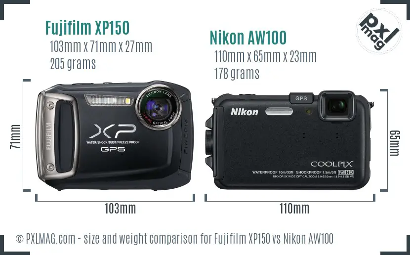 Fujifilm XP150 vs Nikon AW100 size comparison Fujifilm XP150 vs Nikon AW100 size comparison