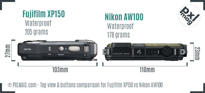 Fujifilm XP150 vs Nikon AW100 top view buttons comparison Fujifilm XP150 vs Nikon AW100 top view buttons comparison