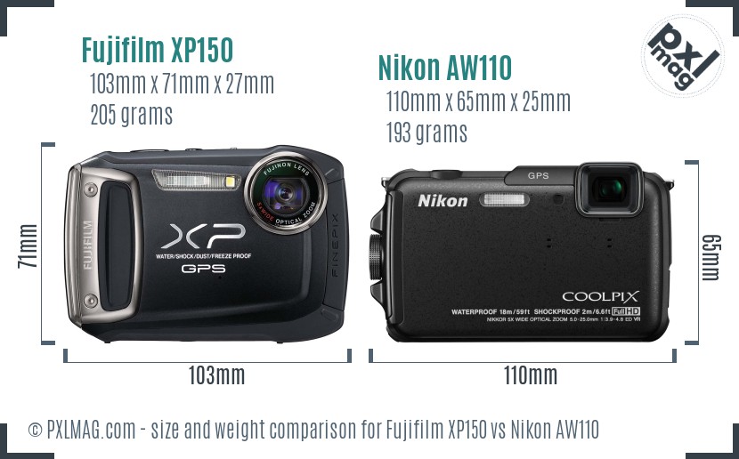 Fujifilm XP150 vs Nikon AW110 size comparison