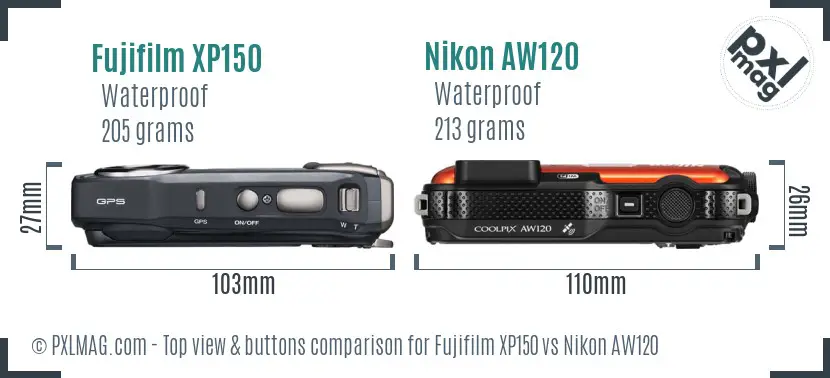 Fujifilm XP150 vs Nikon AW120 top view buttons comparison