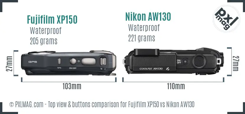 Fujifilm XP150 vs Nikon AW130 top view buttons comparison