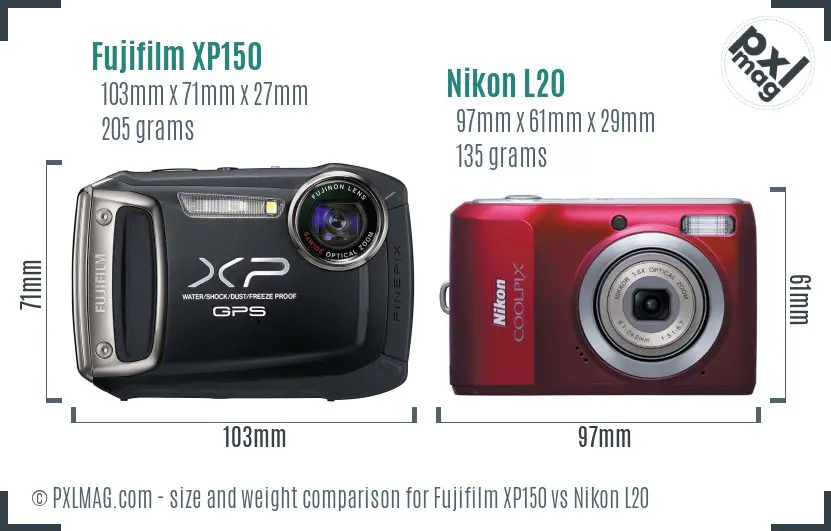 Fujifilm XP150 vs Nikon L20 size comparison