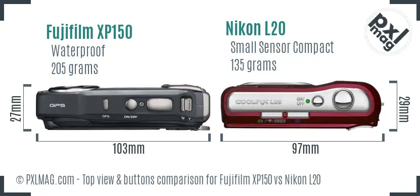 Fujifilm XP150 vs Nikon L20 top view buttons comparison