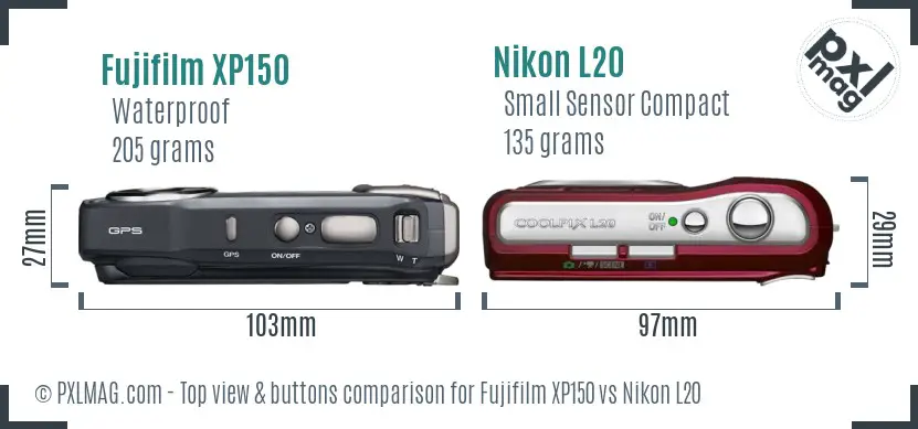 Fujifilm XP150 vs Nikon L20 top view buttons comparison Fujifilm XP150 vs Nikon L20 top view buttons comparison