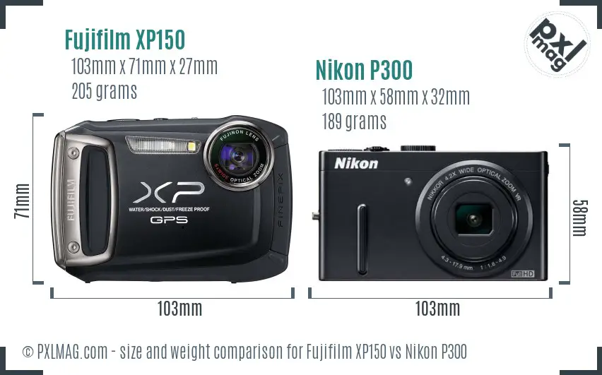 Fujifilm XP150 vs Nikon P300 size comparison