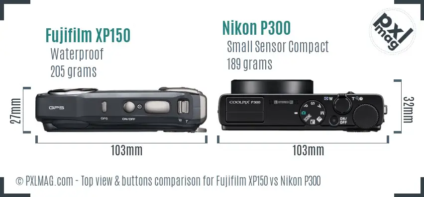 Fujifilm XP150 vs Nikon P300 top view buttons comparison