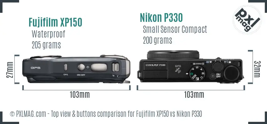 Fujifilm XP150 vs Nikon P330 top view buttons comparison