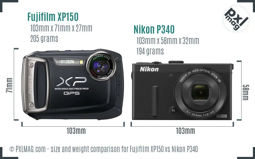 Fujifilm XP150 vs Nikon P340 size comparison Fujifilm XP150 vs Nikon P340 size comparison