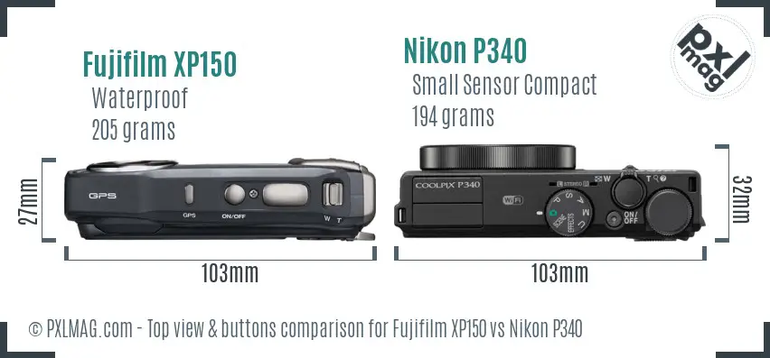 Fujifilm XP150 vs Nikon P340 top view buttons comparison