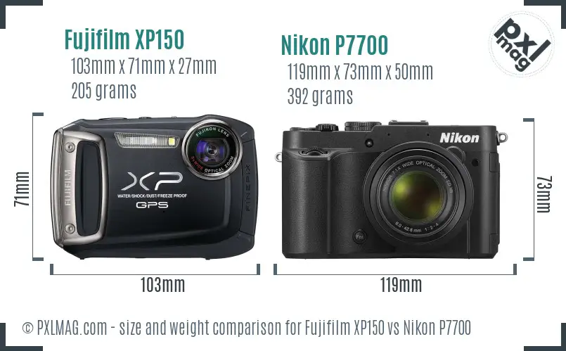 Fujifilm XP150 vs Nikon P7700 size comparison