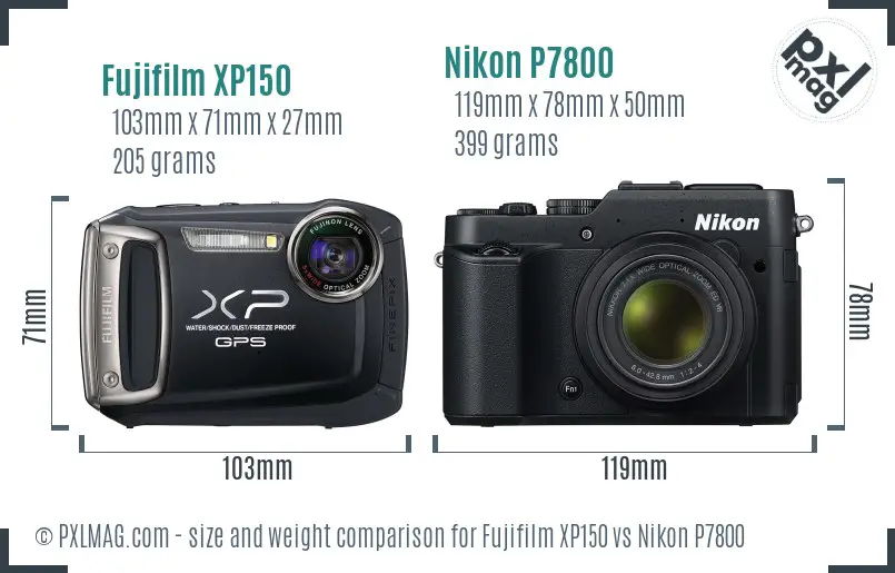 Fujifilm XP150 vs Nikon P7800 size comparison