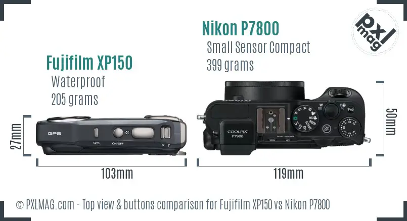 Fujifilm XP150 vs Nikon P7800 top view buttons comparison