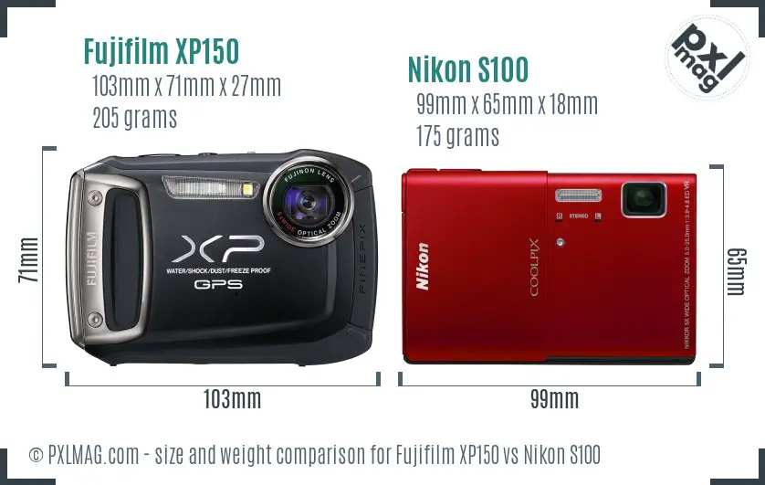 Fujifilm XP150 vs Nikon S100 size comparison Fujifilm XP150 vs Nikon S100 size comparison