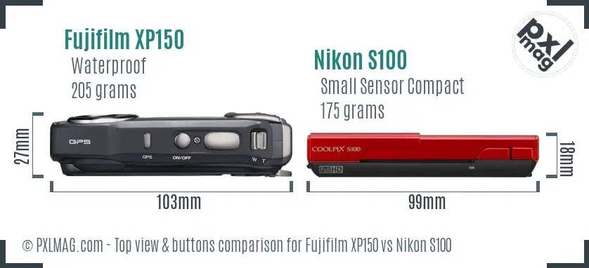 Fujifilm XP150 vs Nikon S100 top view buttons comparison Fujifilm XP150 vs Nikon S100 top view buttons comparison