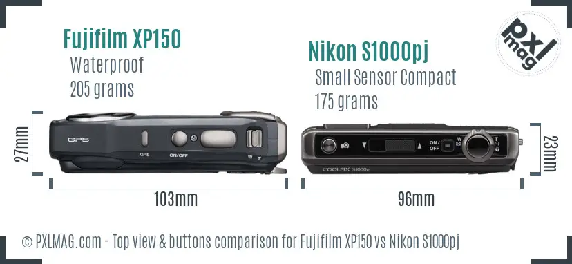 Fujifilm XP150 vs Nikon S1000pj top view buttons comparison