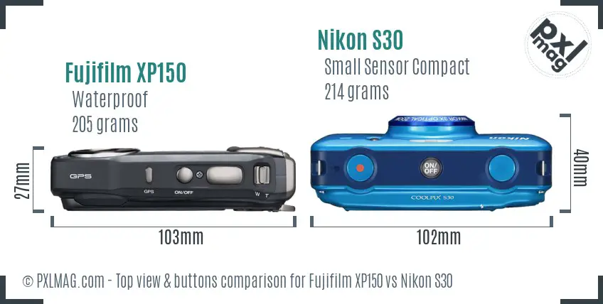 Fujifilm XP150 vs Nikon S30 top view buttons comparison