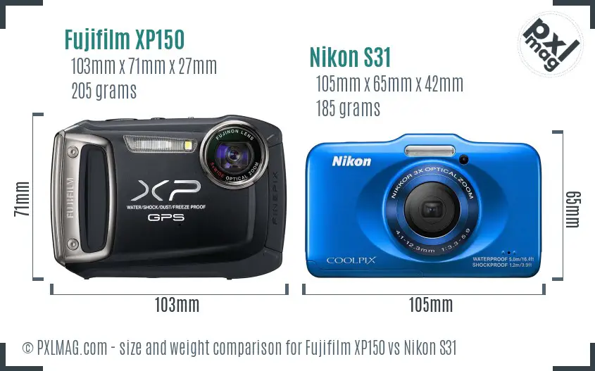 Fujifilm XP150 vs Nikon S31 size comparison