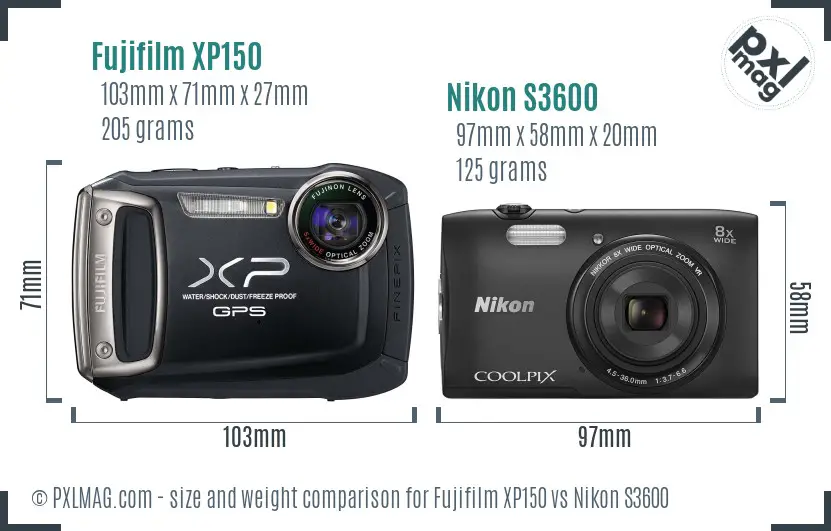 Fujifilm XP150 vs Nikon S3600 size comparison