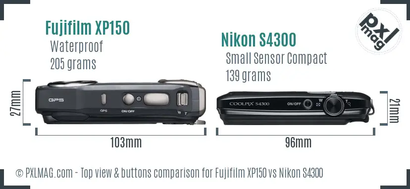 Fujifilm XP150 vs Nikon S4300 top view buttons comparison