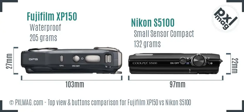 Fujifilm XP150 vs Nikon S5100 top view buttons comparison
